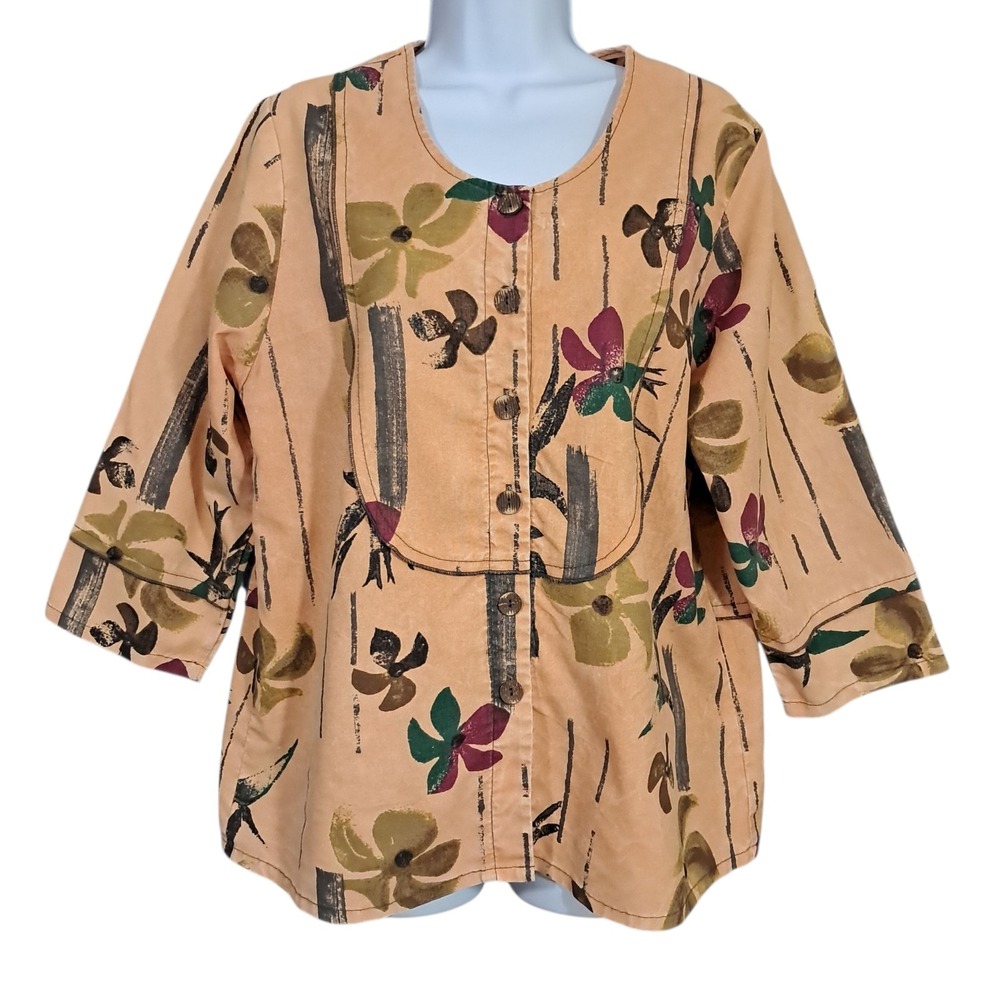 Produce Company Women Linen Blend Brown Abstract Art Button Up Shirt USA M